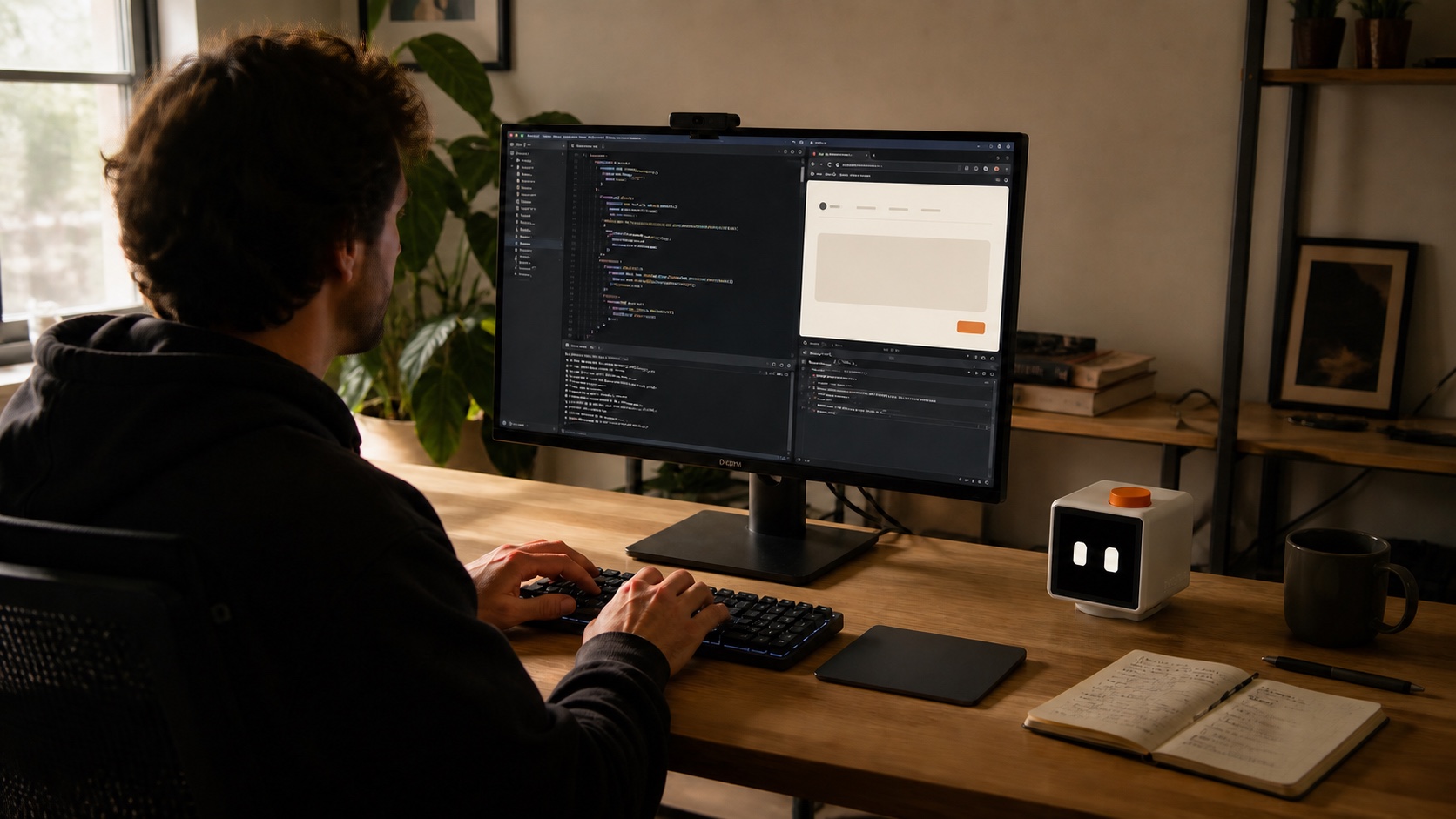 A developer working at a desk with NODI beside a monitor running code and a product preview.