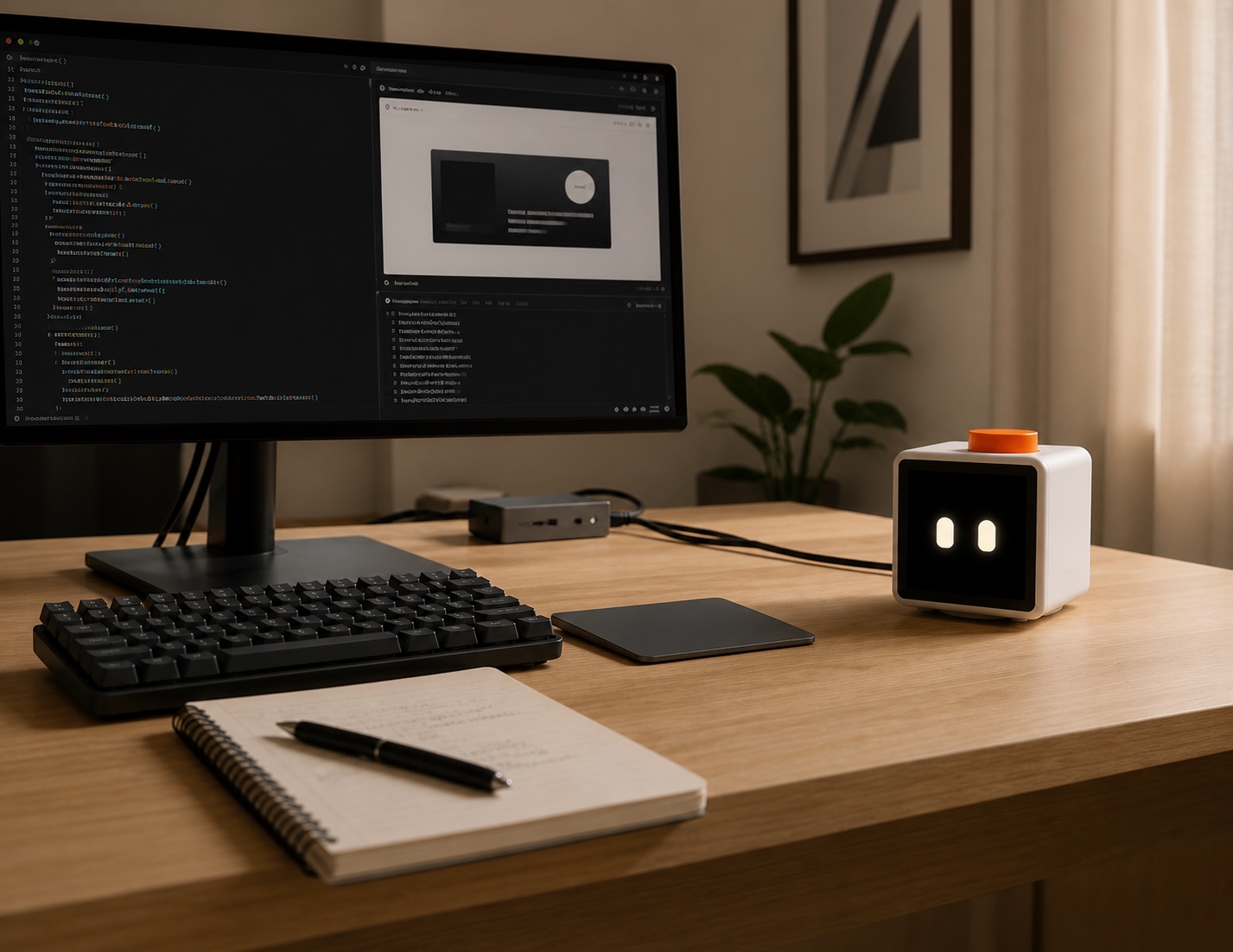 NODI fully visible beside a keyboard, monitor, and running development workspace in warm natural light.